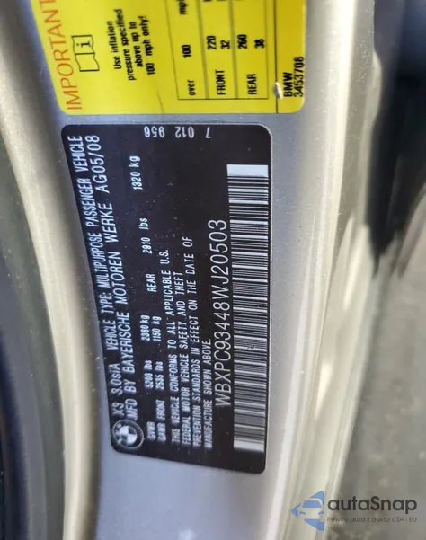 2008 BMW X3 3.0Si z USA, uszkodzony, nr VIN WBXPC93448WJ20503